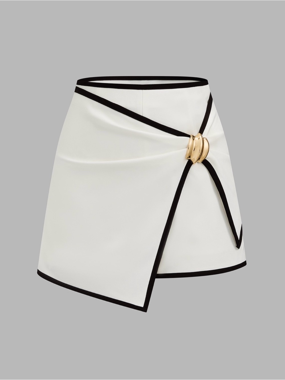 Commense White Asymmetrical Wrap Mini Skirt with Black Trim and Gold Ring